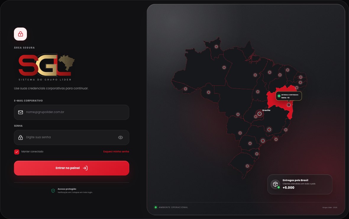 Tela real de acesso ao SGL no tema escuro, com a marca do sistema e o mapa de entregas
